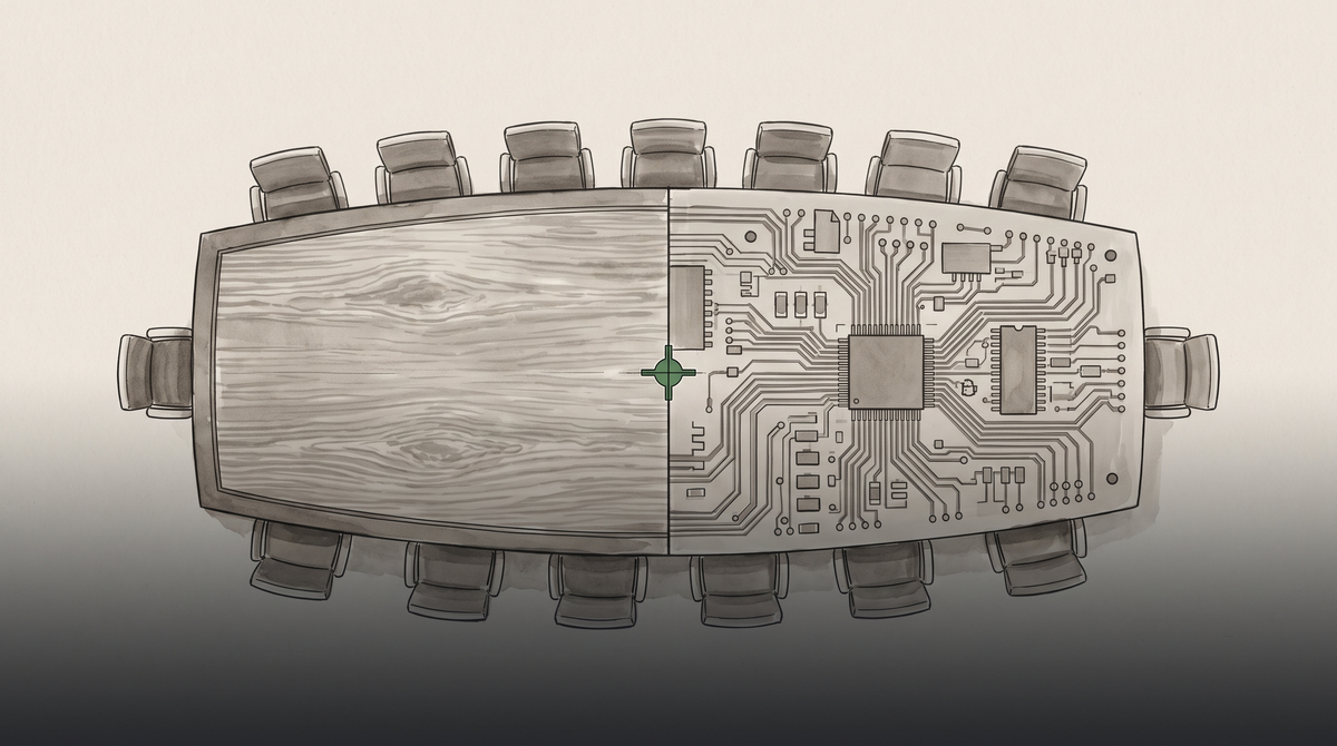 Overhead view of a split conference table — half polished wood, half printed circuit board — the FOMC divided on whether AI is inflationary or disinflationary