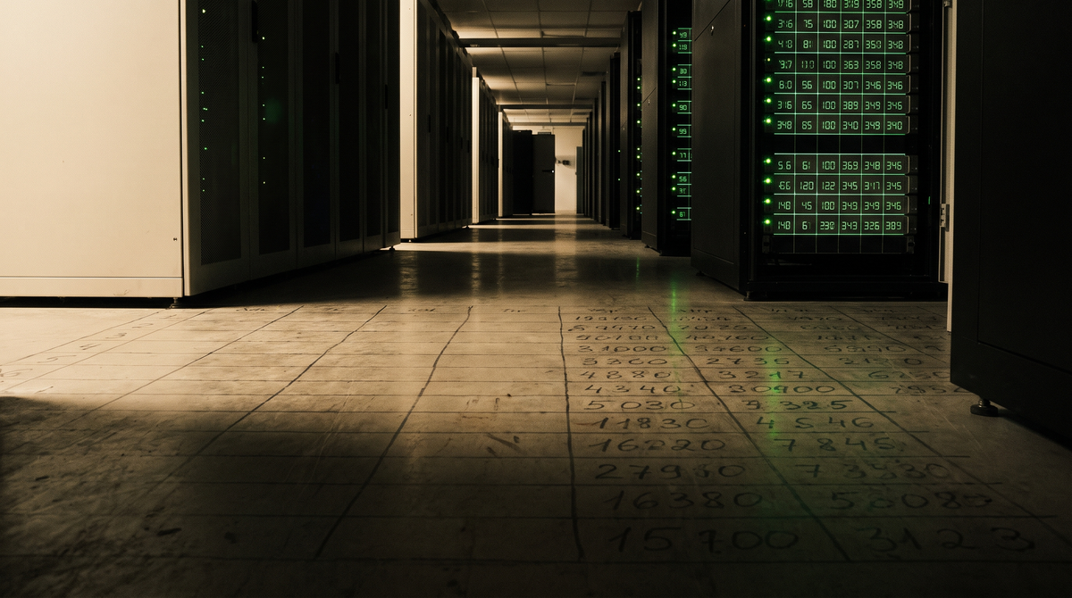 Data center corridor vanishing to a point — server racks with indicator lights forming a spreadsheet — Virginia's kilowatt tax priced infrastructure's defining input.