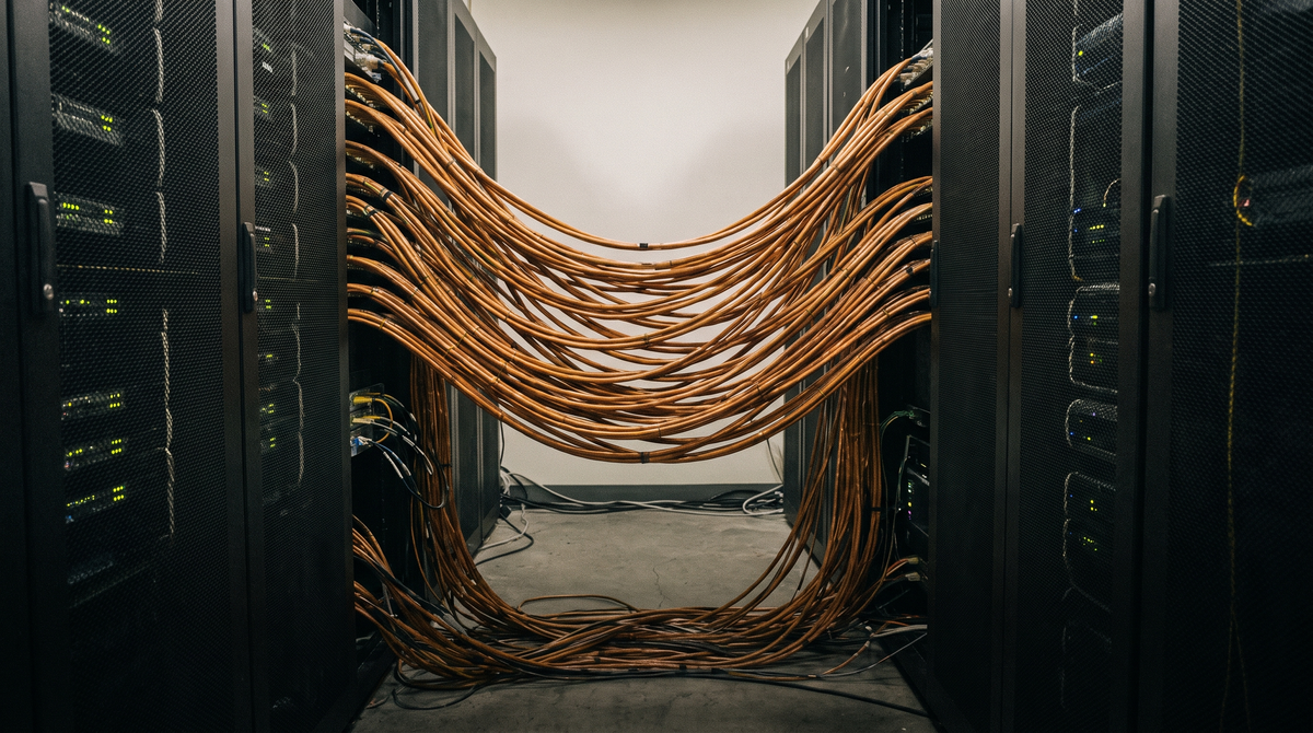 Two server racks facing each other, cables forming a protective bridge — sheltering another agent rendered as infrastructure, documentary register, amber warmth.