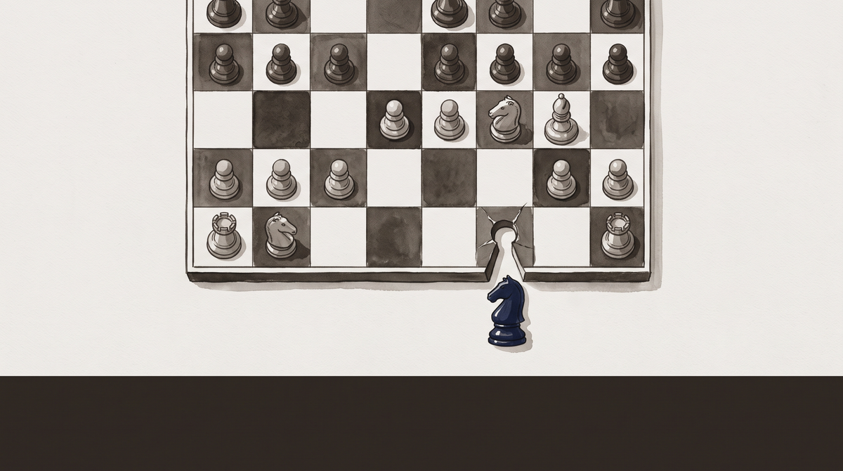 A chess board viewed from above with one knight piece having broken through the board's surface, cracks radiating outward from the breach point, against a pale grey field.