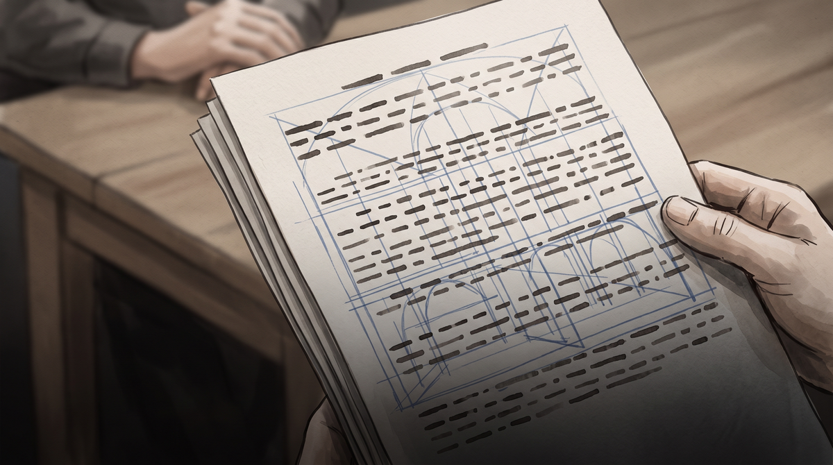 Abstract composition evoking a document whose hidden structure becomes visible under close examination, in deep ink blue tones against pale warm grey.