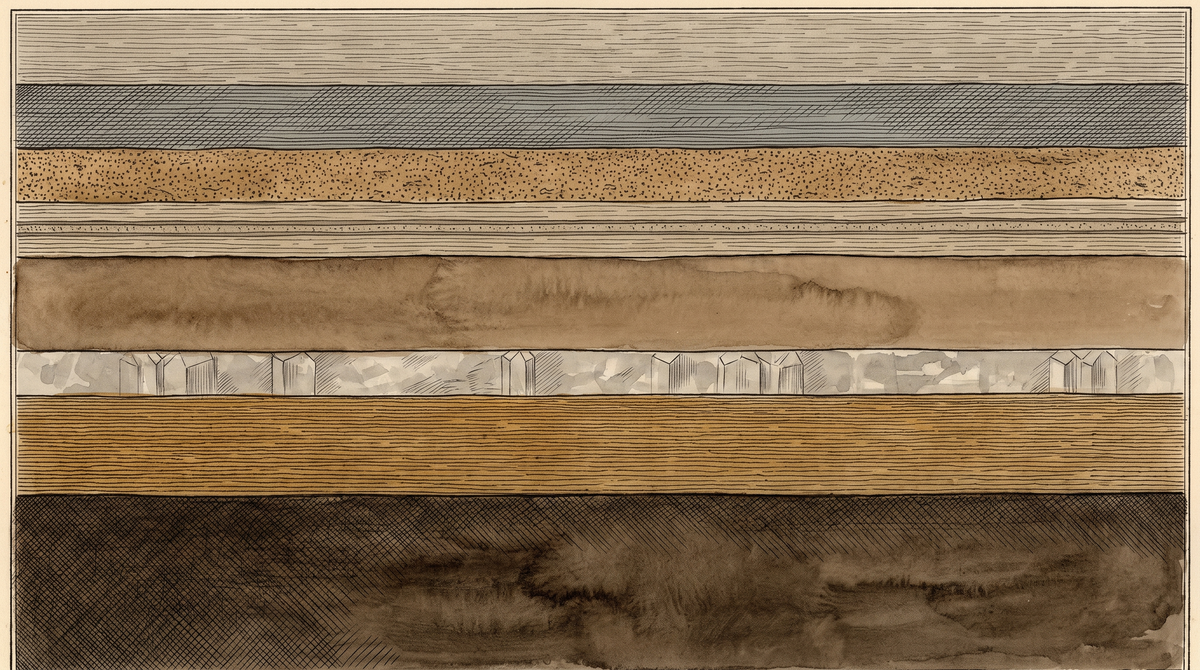 A 19th-century geological survey cross-section. Eight sedimentary strata in horizontal bands; the fourth is thinner, with distinct internal banding, unlabelled and unhighlighted.