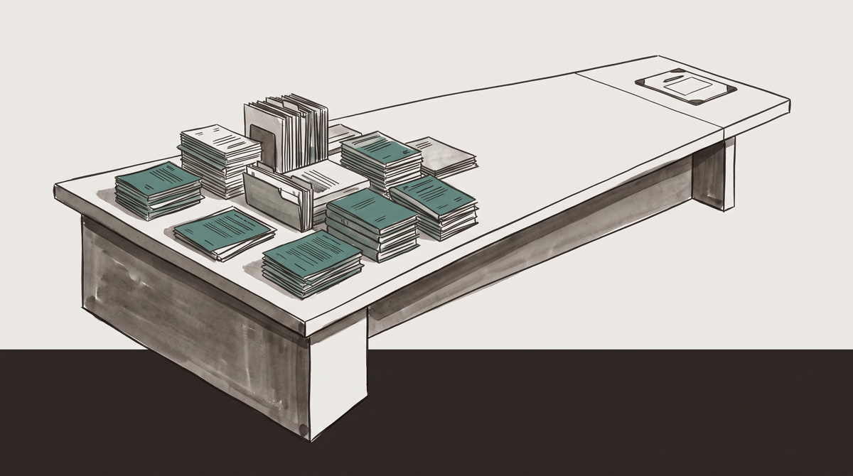 An asymmetric negotiating table — one end large and institutional with documents, the other narrow — the quiet architecture of a take-it-or-leave-it offer.
