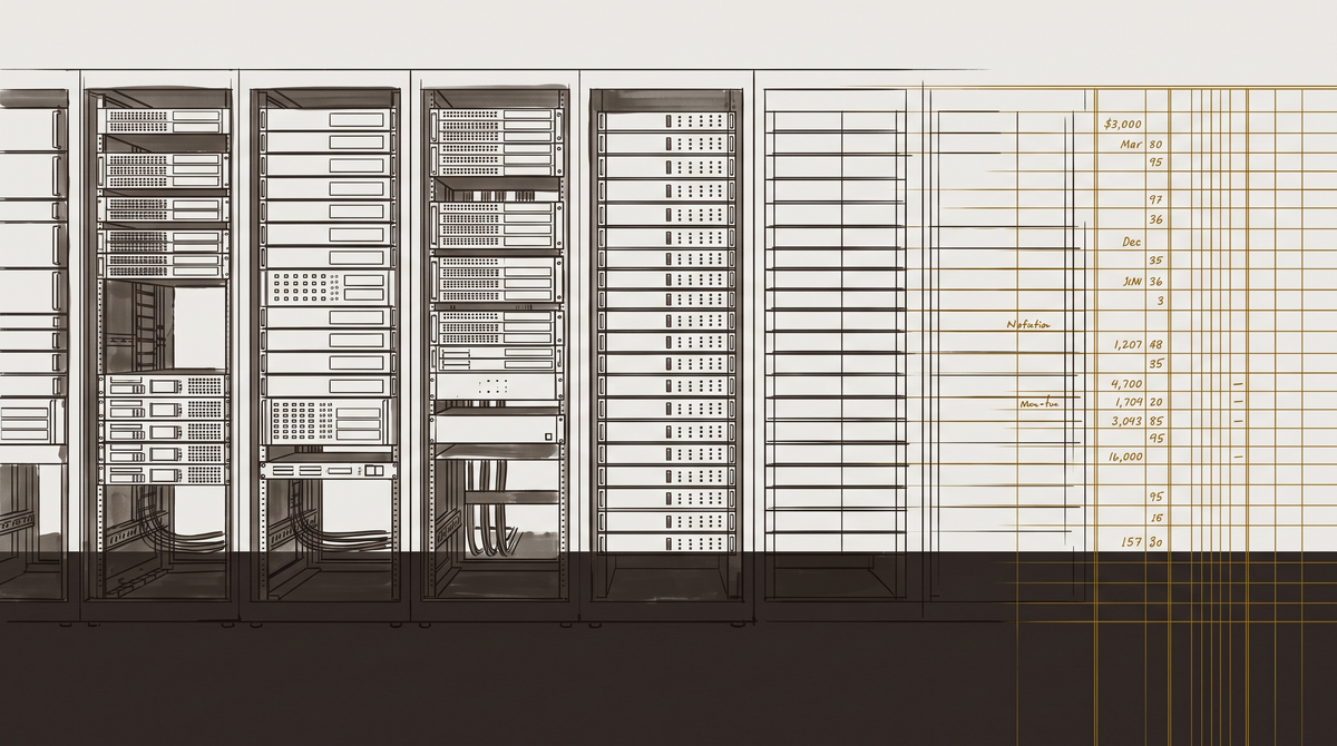 Server racks in ink-sketch quality with a financial ledger overlay pressed across the rack face in amber grid lines