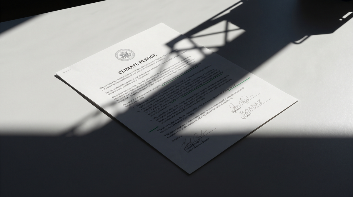 The Climate Pledge document flat on a pale surface, a gas-turbine shadow cast diagonally across it, the pledge text still legible through the shadow. Surveyor green on pale grey.