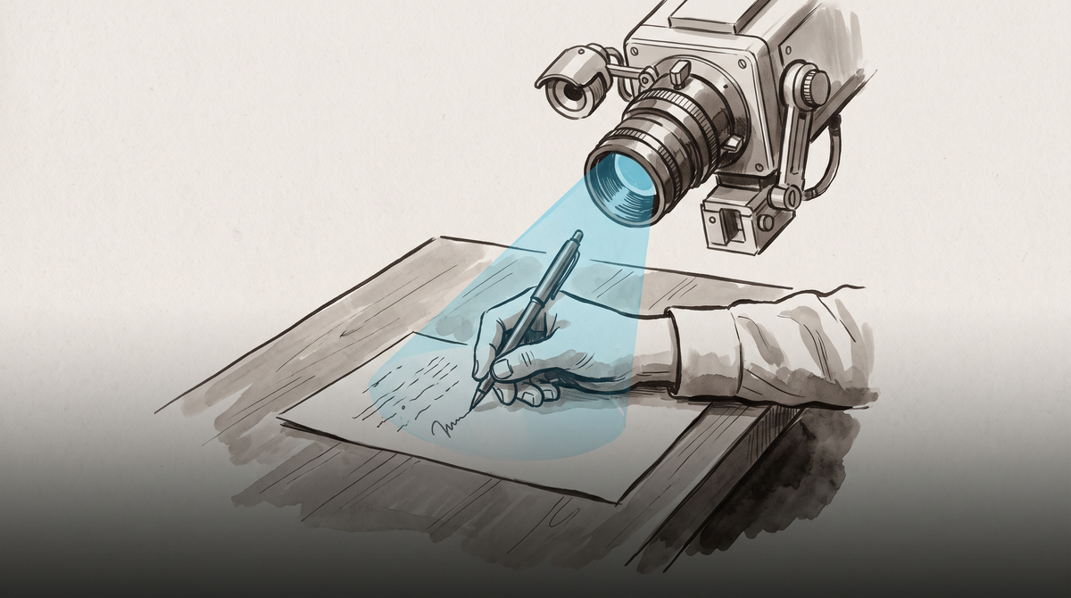 Watercolor sketch of a robotic camera projecting a cone of blue light onto a human hand writing with a pen, in sepia and grey with a blue accent