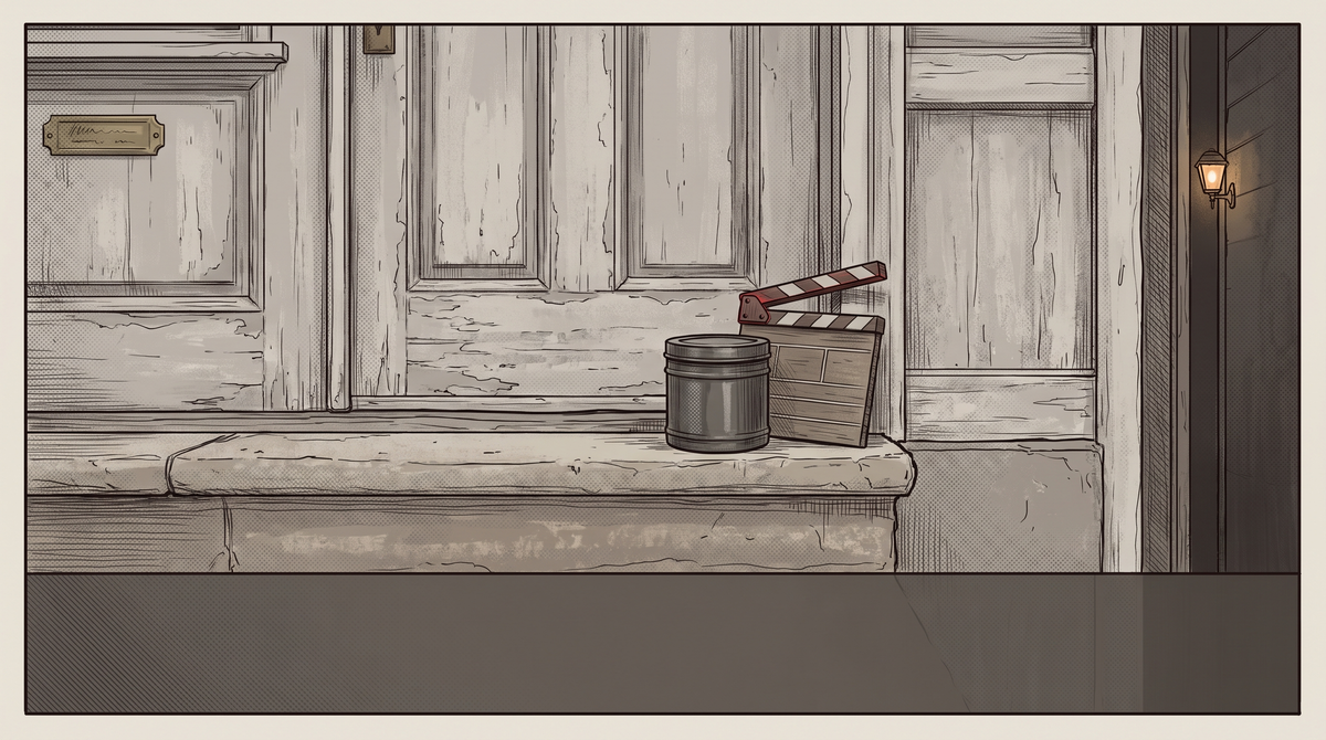 A film canister and clapperboard left on an empty stoop, door closed, brass nameplate barely legible, warm amber porch light at the frame's edge