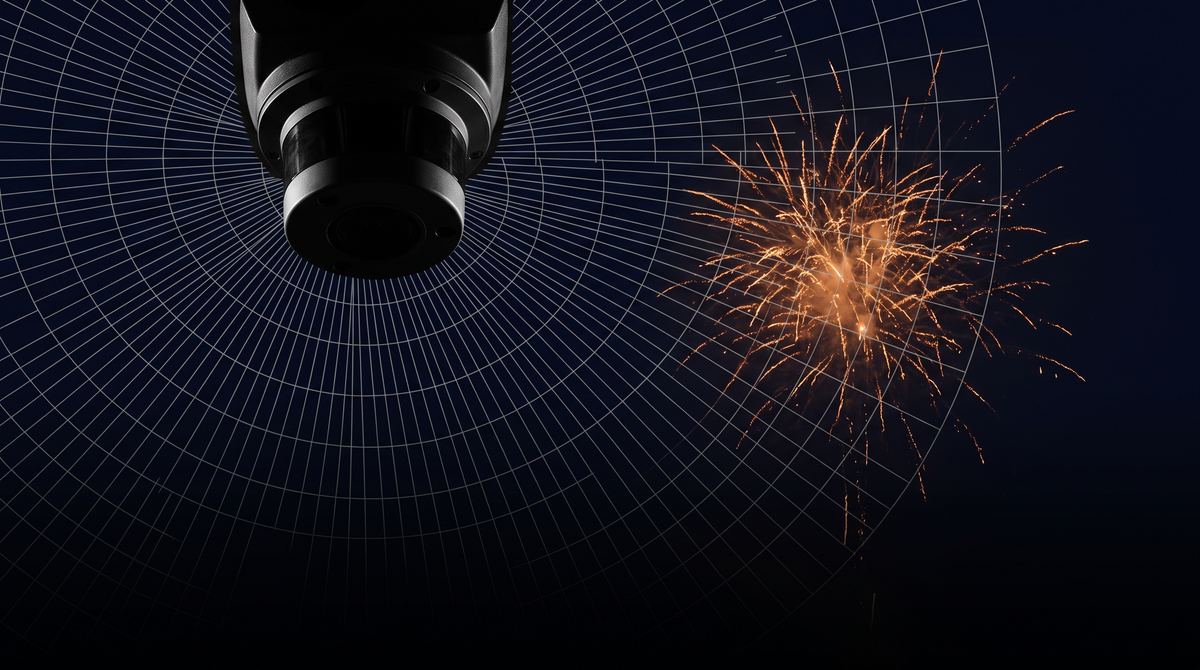 A lidar sensor pod against a night sky — thin scan-grid lines extending outward — a firework bursting beyond the grid, unrendered — the world outruns the model — amber on pale grey.