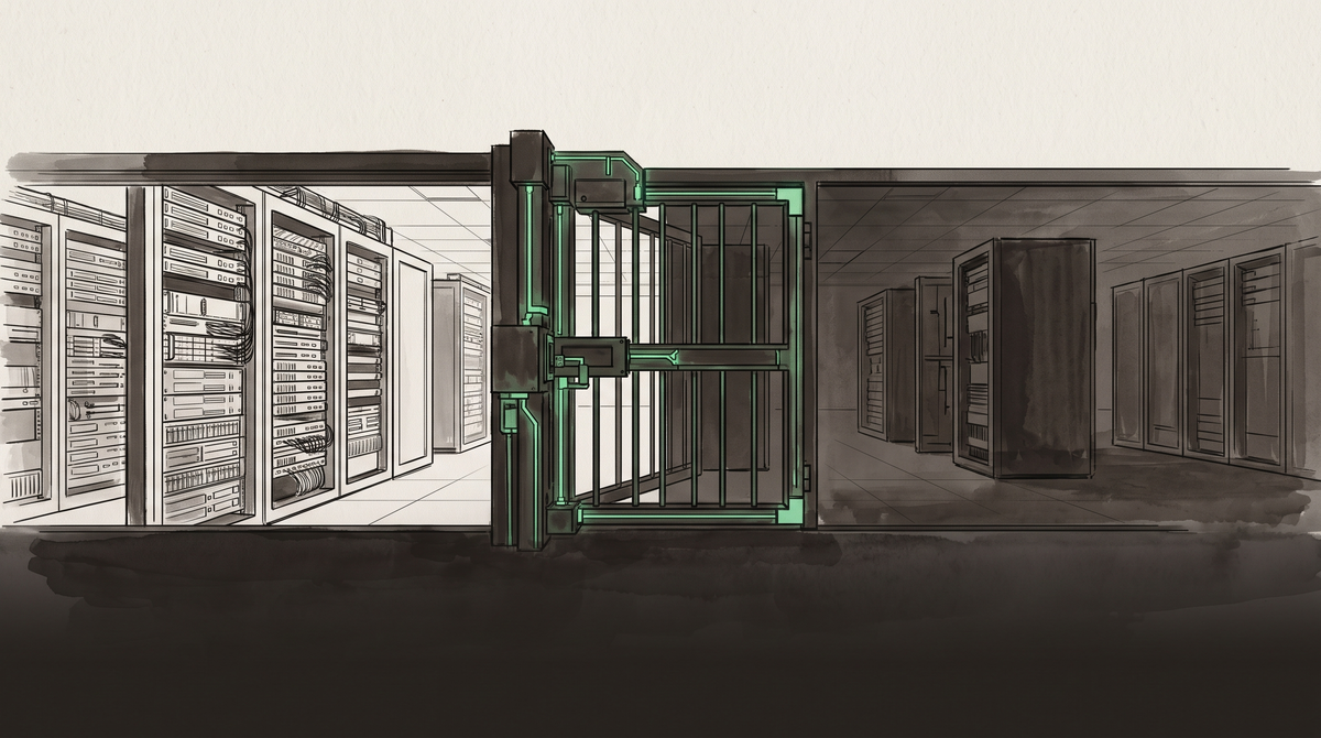 A row of towering server racks stretching toward a vanishing point, each illuminated, suggesting the scale of AI compute infrastructure and the capital chasing it.