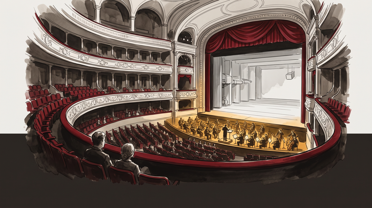 A grand opera house interior divided by light — warm orchestral pit below, cold mechanical projection space above — crimson velvet marking the traditional domain the audience defended.