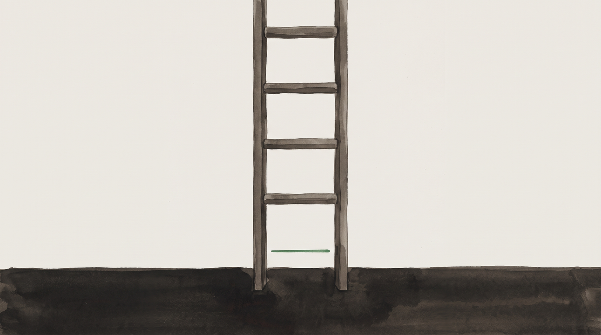 Ink-wash drawing of a wooden ladder with its lowest rung reduced to a thin green line, against a stark white sky and dark ground