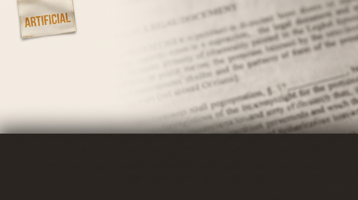 A floating garment label reading ARTIFICIAL — behind it the dense text of EU AI Act Article 50 fading into haze — archival amber on pale grey