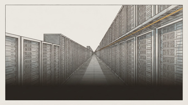 Server racks recede to a vanishing point in a vast data center, lit in cool blue — an architectural space built at a scale that leaves no room for people.