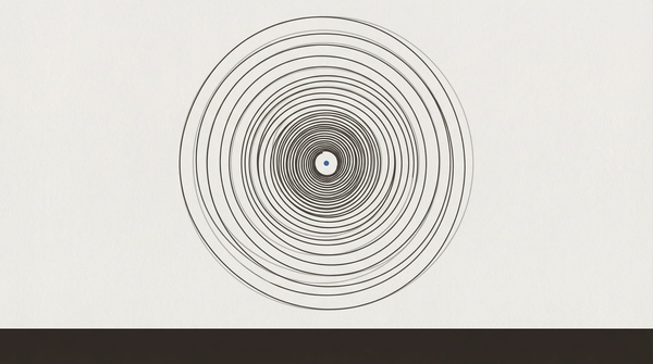 An Archimedean spiral drawn with instrument precision, narrowing inward — a pattern being monitored, not a drama staged. One blue observation point at the centre.