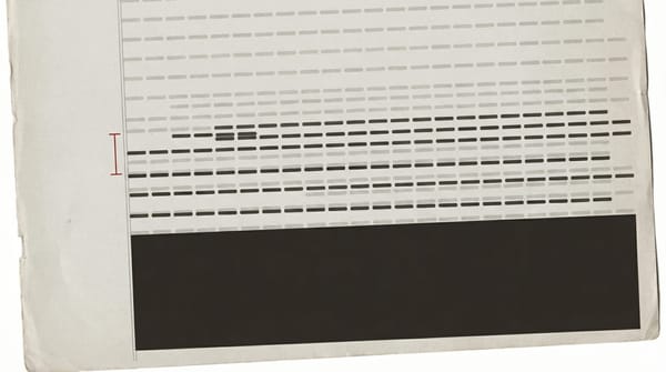 Document with two layers of ruled lines: faded grey dashes beneath, fresh dark ink overlay above, a small red annotation mark noting the deliberate revision.