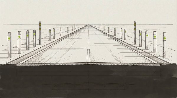 A desert road recedes to the horizon, every bollard and marker bearing a diamond stamp in NVIDIA green. The road is open. The authorship runs the full length.