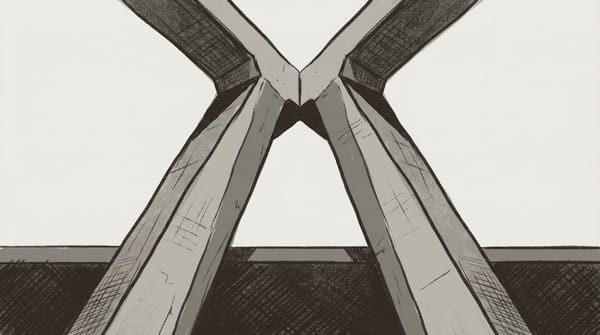 Two institutional structures sharing a single load-bearing node — neither able to move without affecting the other. Infrastructure dependency made visible.