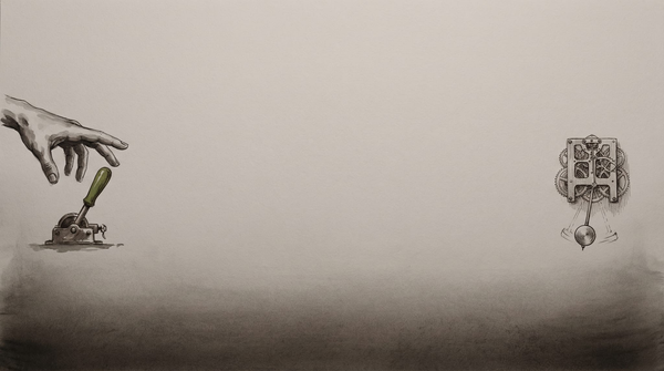 A distant figure monitors an autonomous process from the edge of the frame, hand near a switch — the gap between watcher and watched held open and unresolved.
