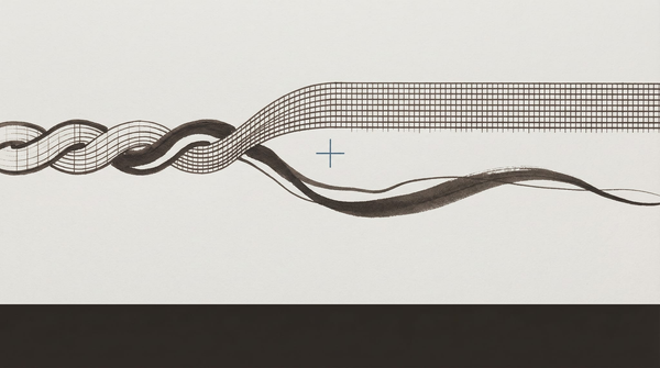 A braided bundle coming apart at one end — two distinct strands separating cleanly, the commodity layer mechanical and the judgment layer singular.