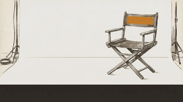 An empty director's chair on a prepared film set — everything in place, no one present, the question of who called action left unanswered in the frame.