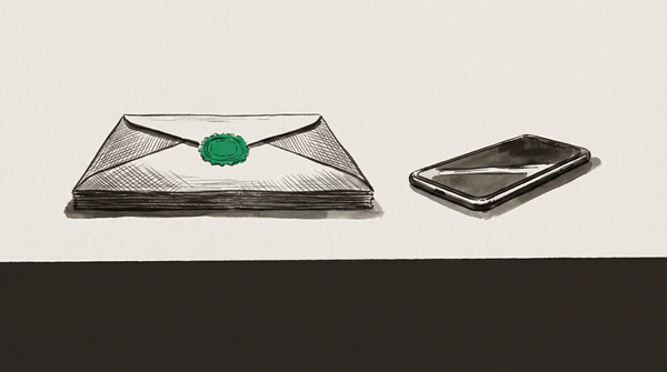 A large formal government envelope beside a dramatically smaller smartphone on the same surface - the scale of a serious policy response against the scale of the actual one.