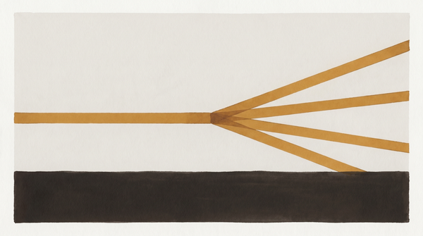 A projector beam splitting into four divergent paths — projection amber on warm grey, the visual grammar of infrastructure that distributes rather than consolidates.