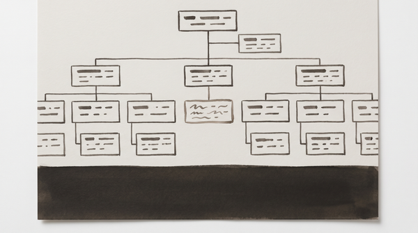 An org chart where all paths lead to the same outcome — pale warm grey, pencil-grey rules, the visual grammar of bureaucratic design that makes decisions look inevitable.