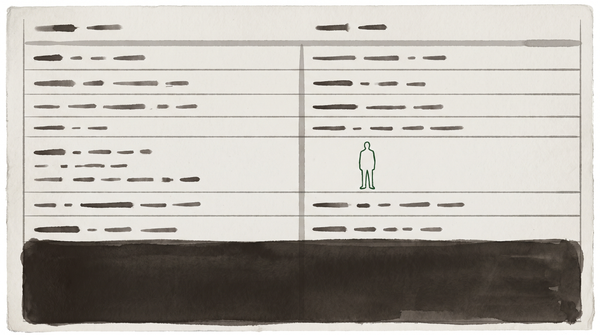 A ledger page where a human silhouette appears as an account entry — ledger green on pale field, the visual logic of displacement rendered as a line item.