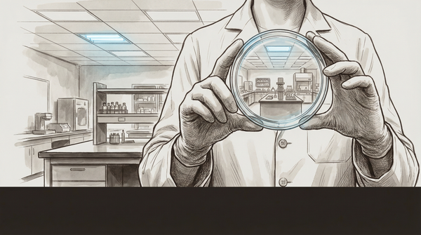 A scientist examines data in a lab that mirrors its own instruments — self-reference in cold light.