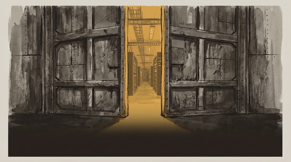 Two massive industrial doors converging in a data center corridor, archival amber light visible through the closing gap.
