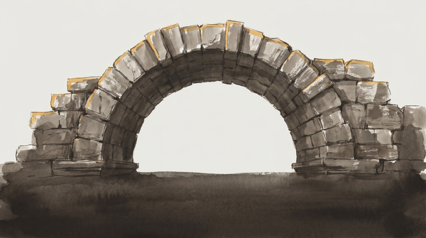 Watercolor illustration of a classical Roman stone arch with gray and gold-ochre tones, rough-hewn voussoir blocks, and flanking rubble walls