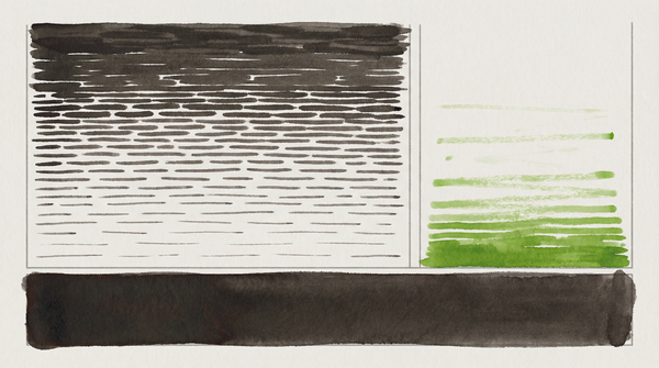 Two columns in asymmetric register: left wider and descending, right narrower and ascending in survey-marker green — the shape of AI net displacement.