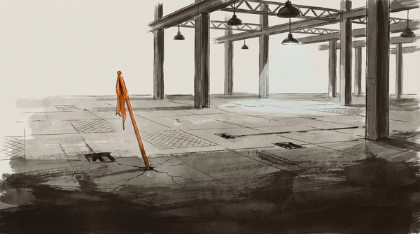 Empty factory floor, industrial space lit in pale grey-orange tones — a formal accounting of what was promised and what remains.