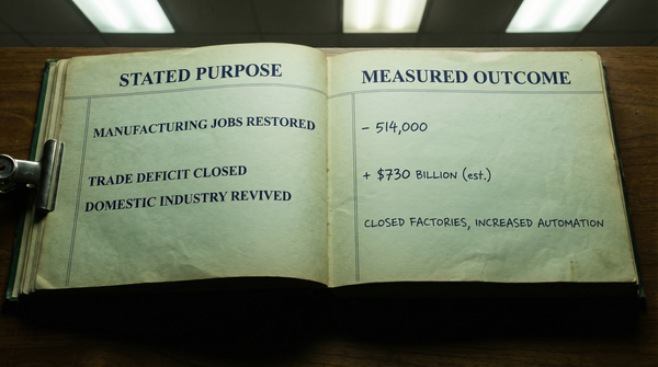 An open double-entry ledger: STATED PURPOSE vs MEASURED OUTCOME — manufacturing jobs restored, trade deficit closed, domestic industry revived — with divergent numbers in the right column.