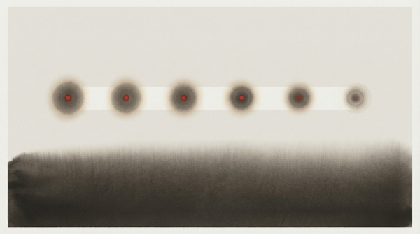 A sequence of discrete light pulses on a pale grey ground — warm amber flares separated by intervals of dark, suggesting discontinuous presence rather than continuous illumination.
