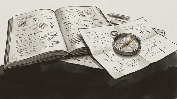 A research workspace of field notes, annotated diagrams, and open journals arranged on a pale grey surface, the observer's position in the scene deliberately ambiguous.