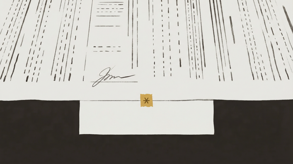 A formal agreement document with a signature line and a single asterisk below it — the footnote section blank, the apparatus of resolution present but incomplete.