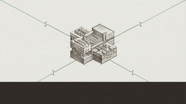 A semiconductor fabrication facility at the centre of four converging supply route lines, each with a visible fracture point — the schematic of a hidden dependency under simultaneous stress.