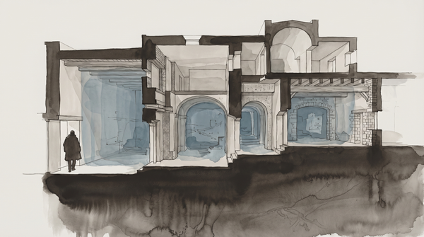 Abstract cross-section of a translucent interior space, cool light, partial figure at the edge of self-knowledge.