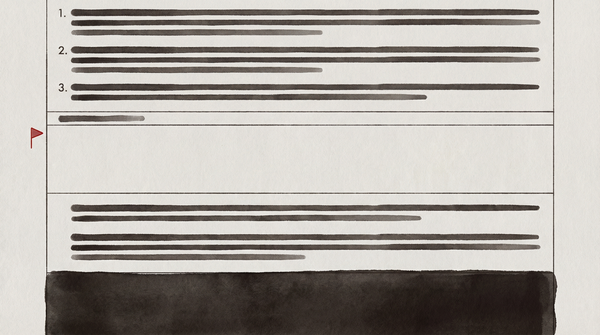A formal policy document in pale grey, its numbered sections interrupted by a conspicuous blank — margin-flag red marks the absence where governance language should appear.