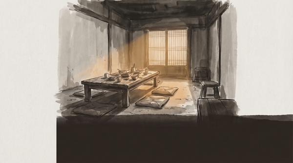 Warm domestic interior at dusk, soft amber light through a window, a table set for people choosing each other.