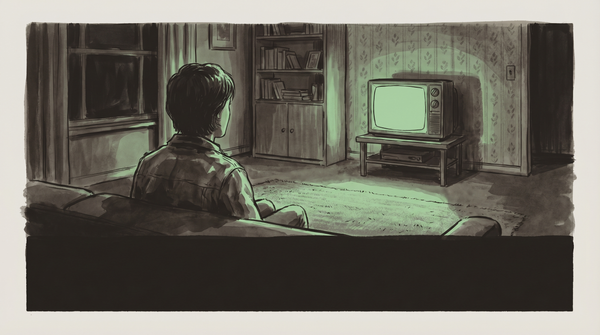 Figure from behind facing a television in a dark room, CRT light casting pale green across suburban walls.