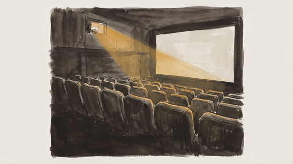 A film reel unspooling into empty theatre rows — amber projection light cuts through dust, seats dark below the beam.