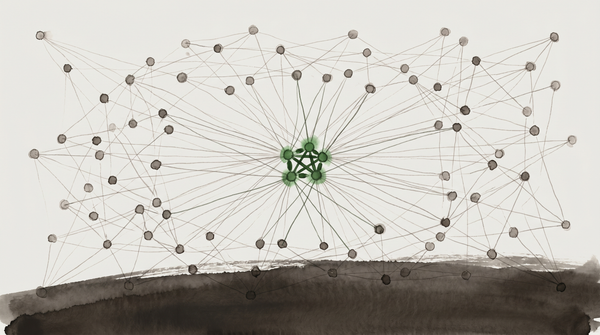 Network diagram with a dense structural core — a handful of highly connected nodes visible at center, peripheral nodes loosely tethered