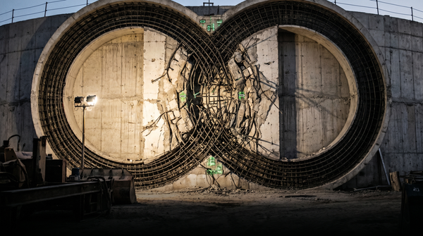 A Venn diagram rendered in concrete and bent rebar — two large overlapping circles where the intersection zone shows structural stress