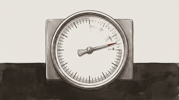 A government-issue measurement instrument — a calibration gauge or dial — that appears intact but shows a subtle, uncorrectable malfunction: needle stuck mid-reading, scale markings worn away