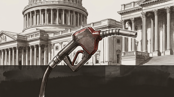 A fuel pump nozzle held against the formal backdrop of a legislative building — the forecourt and the chamber in the same frame