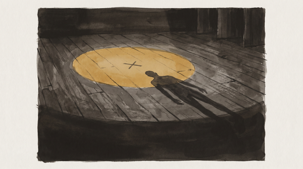 An empty stage with a single spotlight illuminating a shadow without a body — the posthumous actor's absent presence