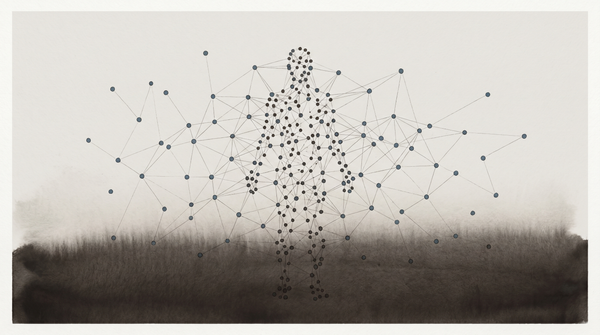 A distributed network resolving at right angle into the silhouette of an agent — identity emerging from infrastructure