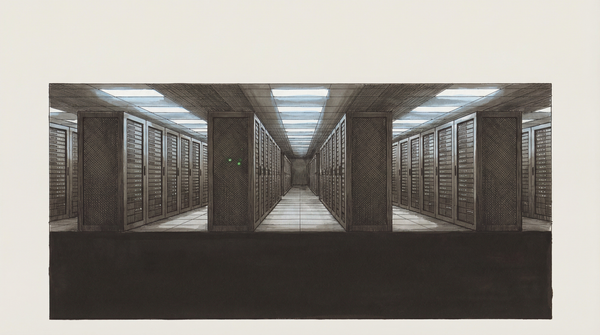 A server rack beside an empty desk — the balance sheet transaction of replacing human labor with compute infrastructure, two objects in the same fiscal filing.